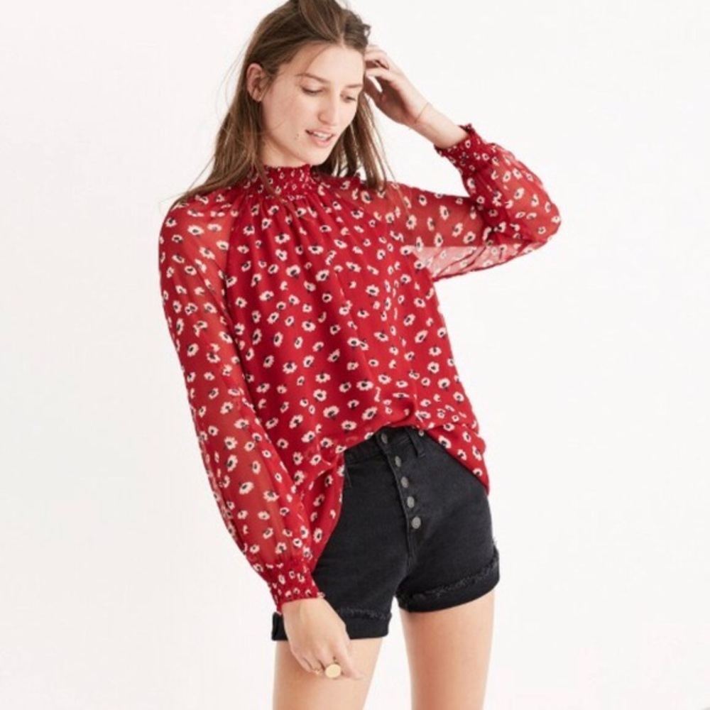 Madewell Mistlight Smocked Neck Blouse Size XS